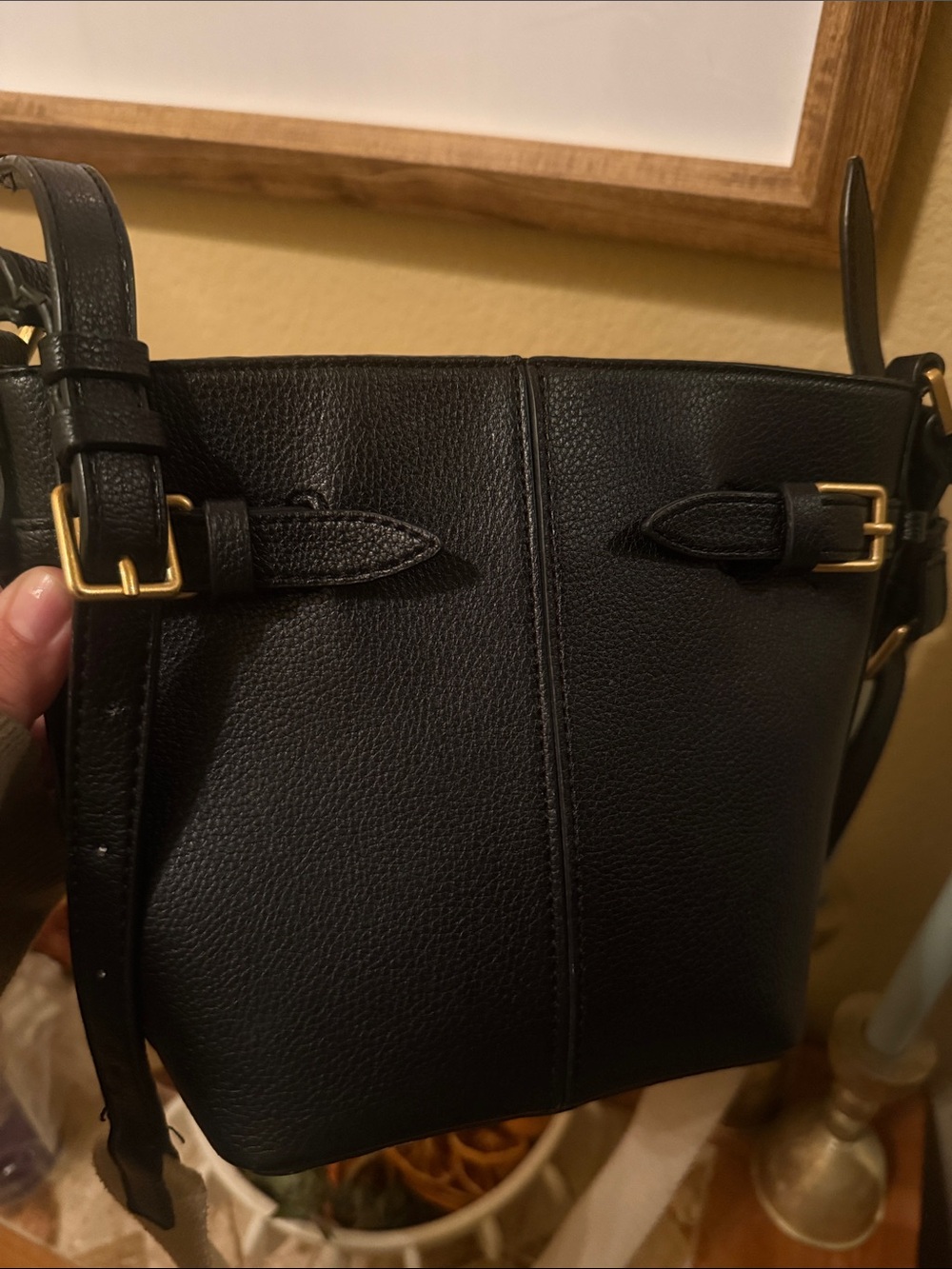Zara Black Leather Bucket Crossbody Bag with Canvas Strap - Picture 2 of 5